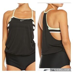 Nike Sport Striped Swim Tankini Layered Workout Tank Blouson NWT Black Swim XS